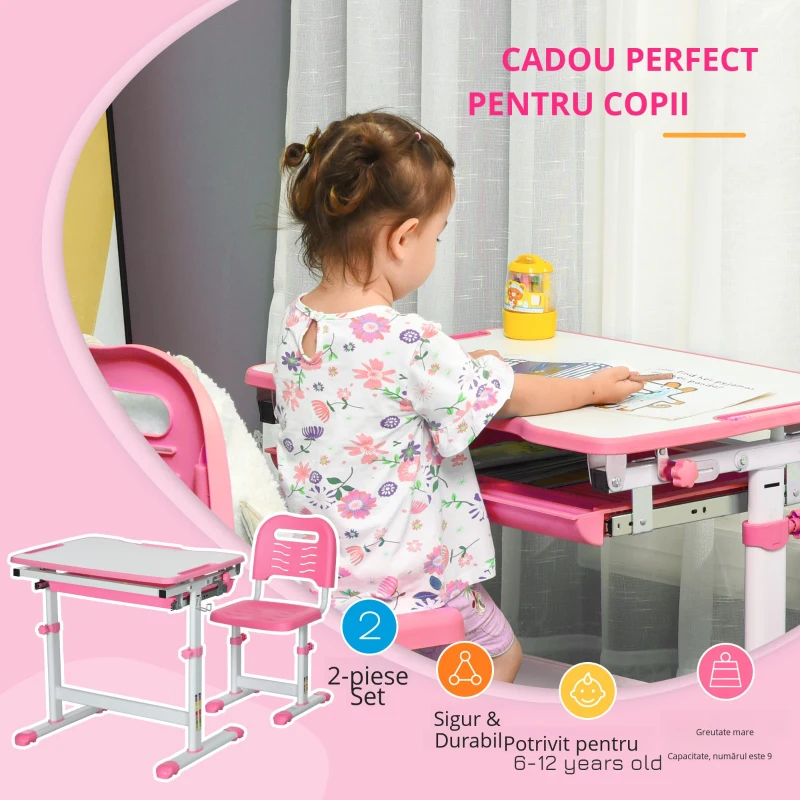 HOMCOM Set Masă și Scaun pentru Copii Reglabilă pe Înălțime, cu Blat Înclinabil 45°, 66x47x52-77 cm, Roz