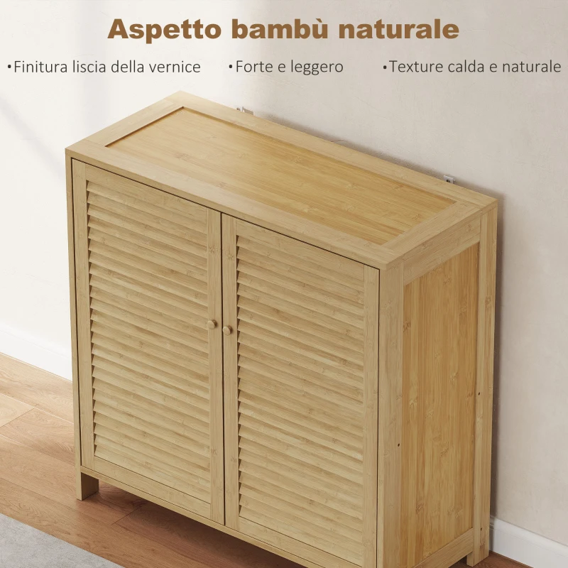 HOMCOM Scarpiera in Bambù con Ante a Persiana, Mobile Porta Scarpe con Ripiani Regolabili, Capacità per 14 Paia, 80 x 35 x 80 cm, Finitura Naturale