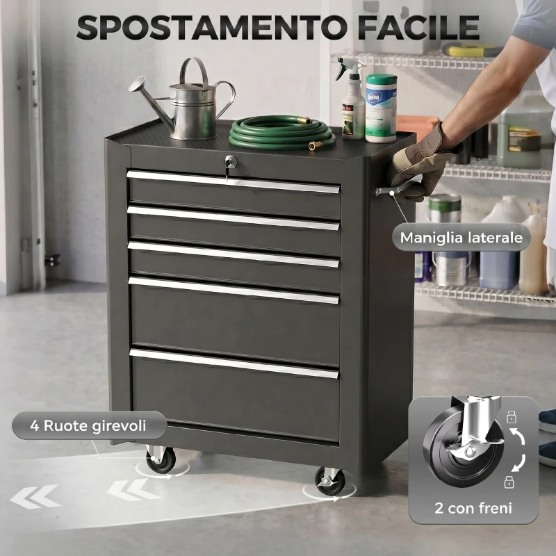 HOMCOM Carrello Porta Attrezzi 5 Cassetti con Chiave e Ruote Nero