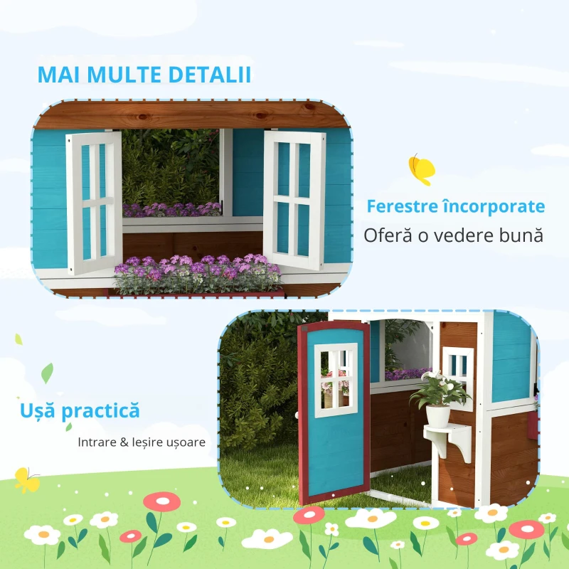 Outsunny Căsuță copii exterior casă de joacă exterioară cu ușă ferestre și jardiniere 114 x 126,4 x 135 cm Maro