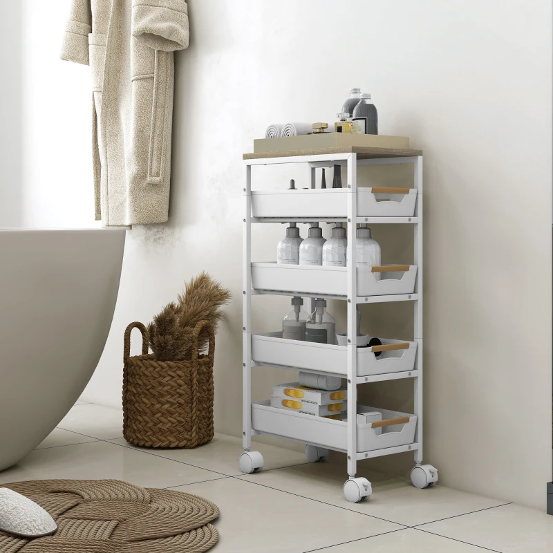 HOMCOM 5-laagse Keukentrolley, Houten Uiterlijk, Rolbaar, Metalen Frame, 4 Lades, Wit