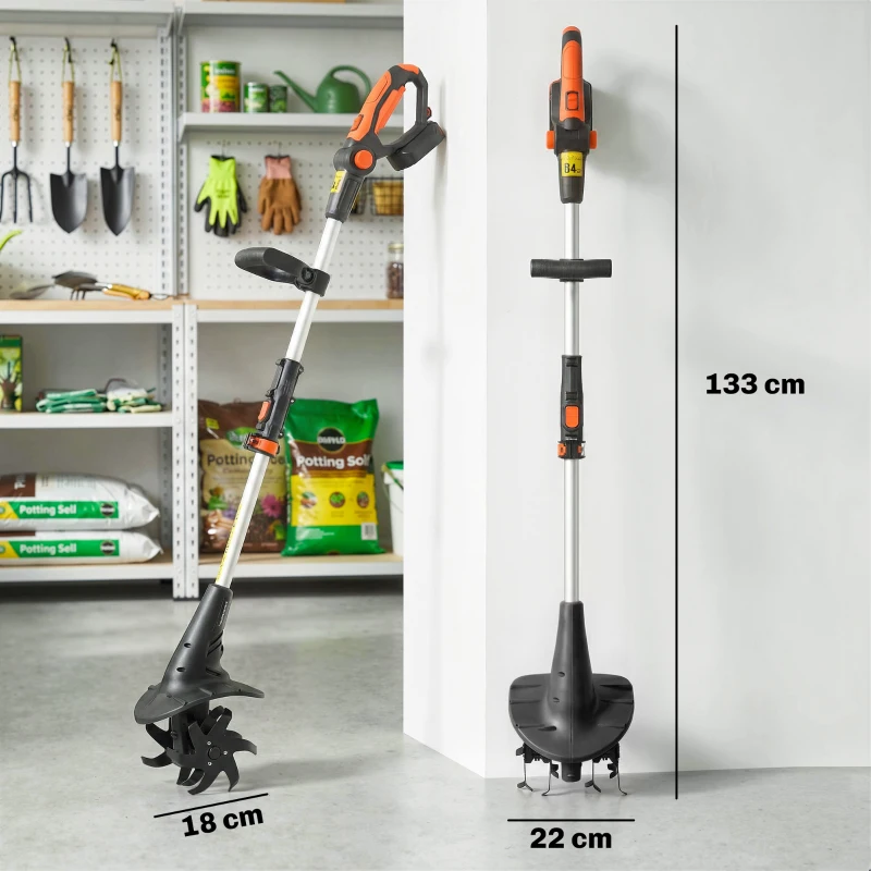 Outsunny Motosapă Fără Fir 18V, Lățime de Lucru 20cm, Adâncime 18cm, 4 Lame, Mâner Reglabil, pentru Grădină și Terenuri, Bateria și Încărcătorul Nu Sunt Incluse