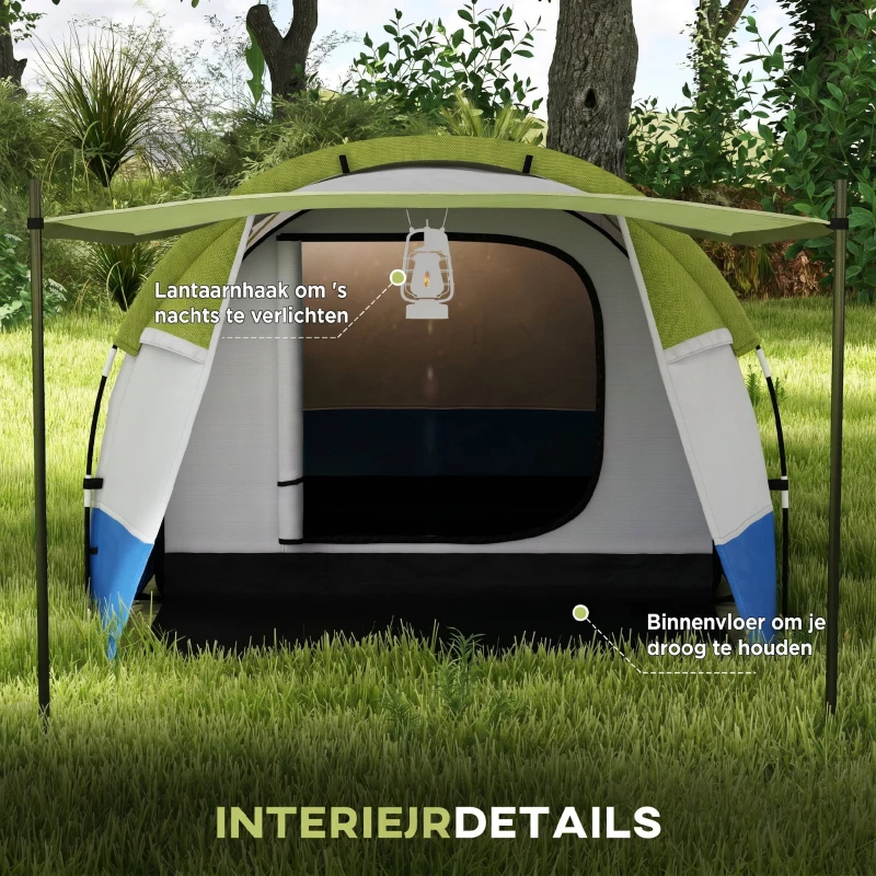 Outsunny campingtent, voor 3 personen, lamphaak, drie ingangen, waterdicht, groen