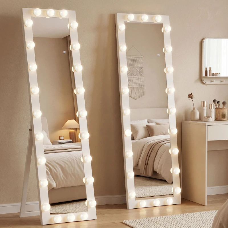 HOMCOM Ganzkörperspiegel 150x40 cm LED Spiegel mit 24 Glühbirnen 3 Lichtfarbe, freistehend oder anlehnbar Weiß