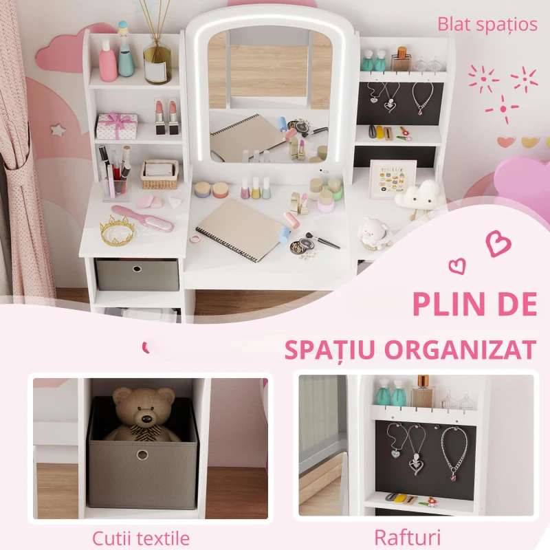 AIYAPLAY Toaletă pentru copii cu taburet și oglindă LED, masă de machiaj pentru 3–8 ani, 104 x 40 x 112 cm, alb