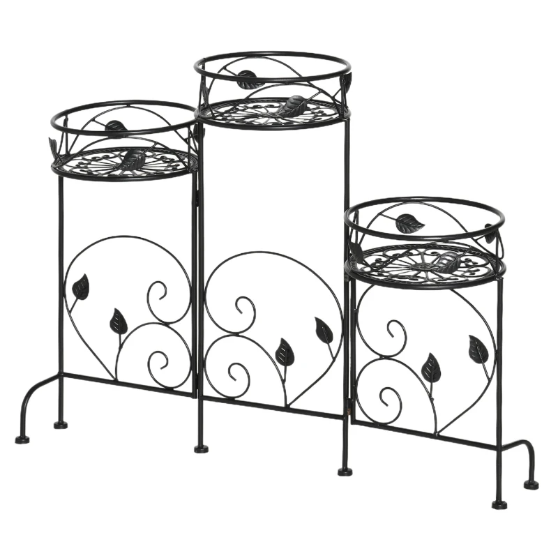 Outsunny Soporte de Metal para Plantas Macetas Plegable Estantería para Flores con 3 Estantes Decoración Interiores Exteriores para Jardín Terraza Balcón 74x23x62 cm Negro