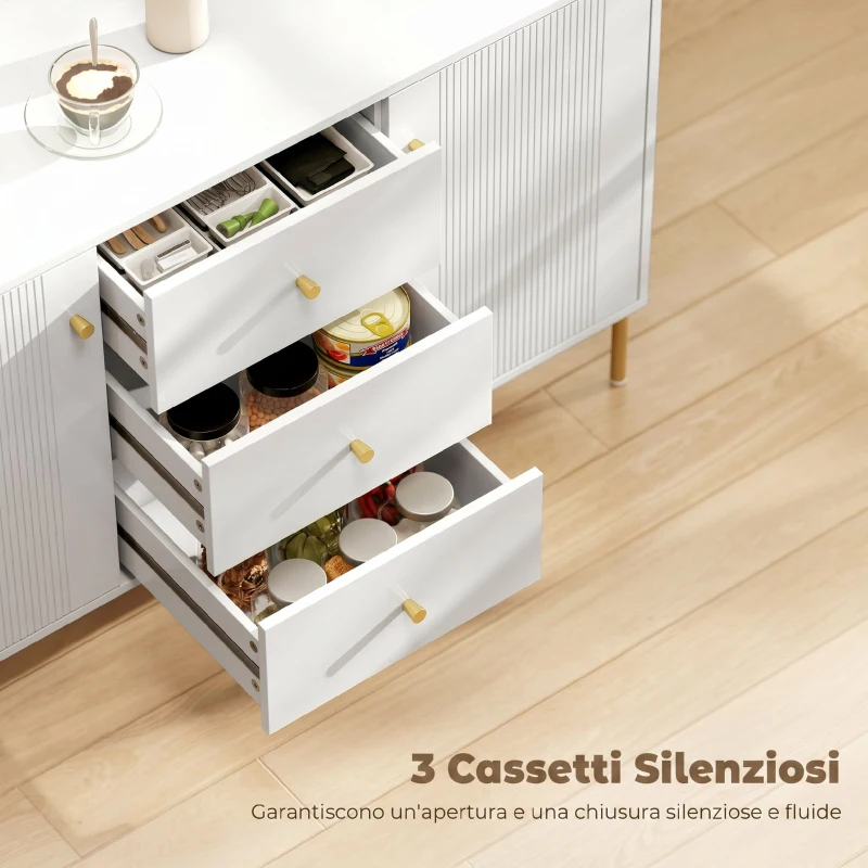 HOMCOM Credenza Moderna, Mobile Bar da Caffè con 3 Cassetti Silenziosi, 2 Ripiani Regolabili, 5 Gambe in Acciaio, Bianco