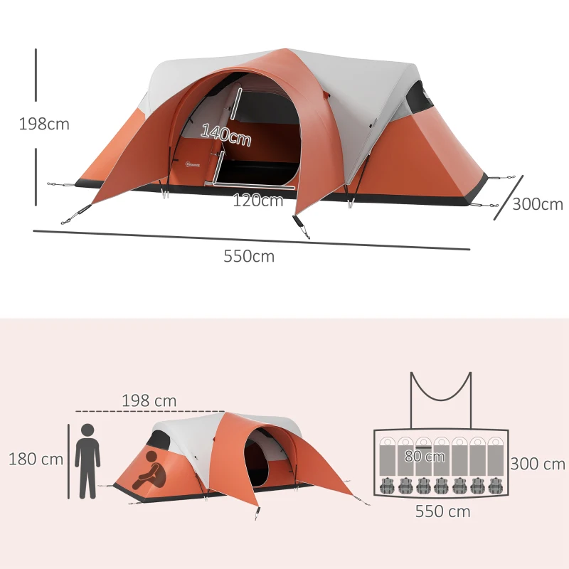 Outsunny Cort de Camping pentru 5-6 Persoane cu Pridvor, Impermeabil 3000mm cu Geantă de Transport, Portocaliu
