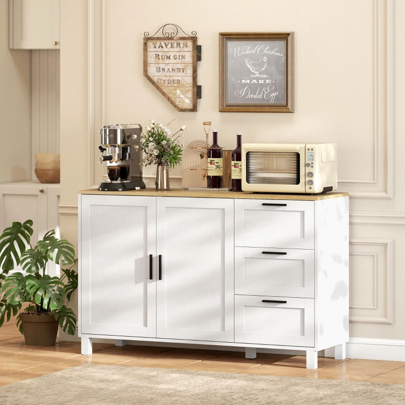 HOMCOM Modernes Sideboard mit Soft-Close-Türen, Kaffeebar-Schrank mit 3 Schubladen und verstellbarem Einlegeboden, Weiß
