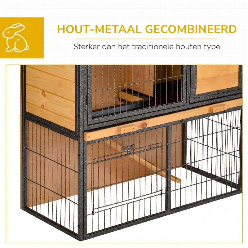 PawHut Konijnenhok verhoogde huisdierenhuisje kooi met afsluitbare deur hout-metaal lichtgeel 89,5 x 45 x 81 cm