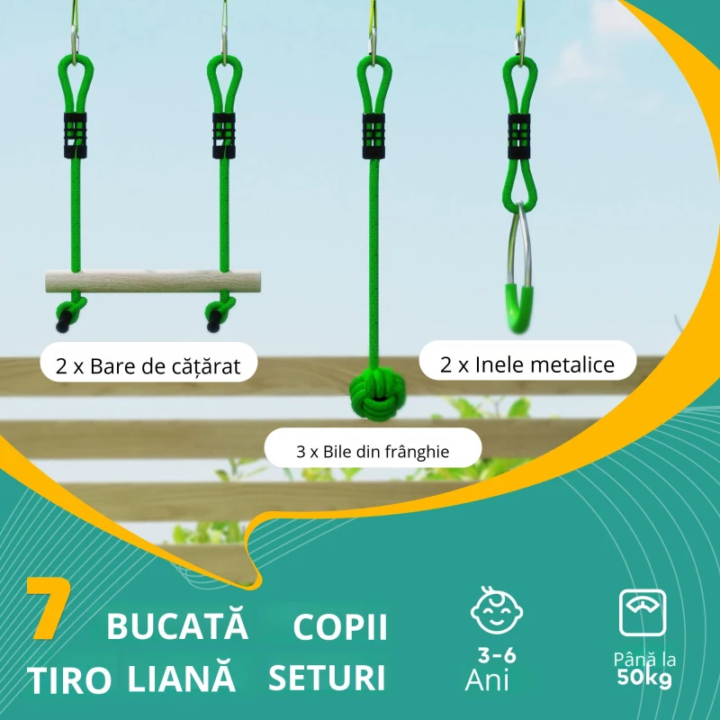 AIYAPLAY Parcurs de obstacole Ninja pentru copii 10 M kit tirolian complet 7 piese încărcare 50 kg, instalare ușoară, verde