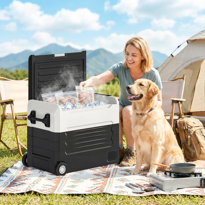 Outsunny Compressor-koelbox 50L -20℃-20℃ elektrische koelbox met dual-zone temperatuurregeling, APP, LED, batterijbeveiliging en opvouwbare handgreep