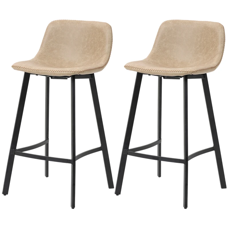 HOMCOM Bar Stools Set of 2, PU Leather Dining Stools with Backrest, Footrest, Light Brown