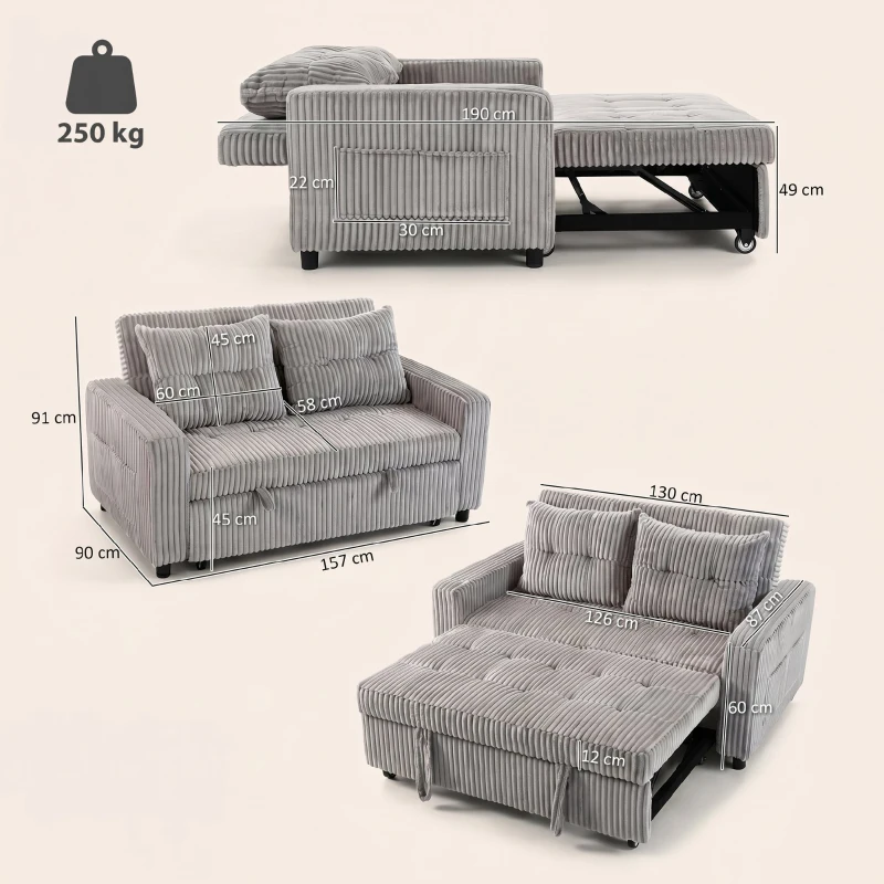 HOMCOM 2-zits slaapbank met cordbekleding, om te bouwen tot bed, 2 kussens, zijvakken, 157 x 190 cm, lichtgrijs