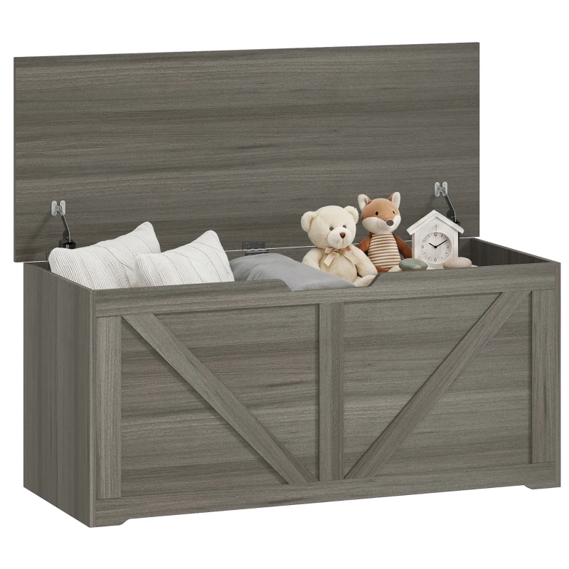 HOMCOM 127L Home Storage Box, with Safety Hinges - Dark Grey Wood-Effect