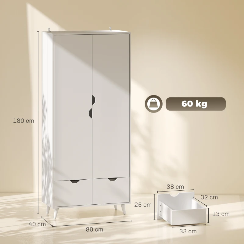 HOMCOM Elegant Home Storage Organisation Furniture, 2-Door Clothes Wardrobe with 2 Drawers, Wood Feet, White