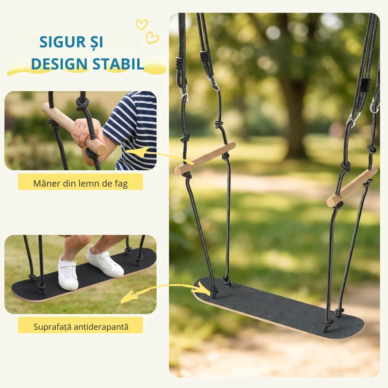 AIYAPLAY Leagăn skateboard pentru copii cu înălțime reglabilă, placă antiderapantă, frânghie rezistentă la intemperii, mânere Negru