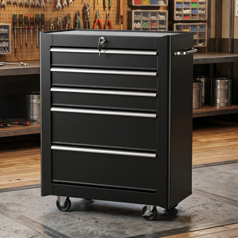 HOMCOM Chariot à outils sur roulettes, Servante d'atelier en acier 5 tiroirs verrouillable 2 clés, 61,5 x 33 x 82,5 cm, noir