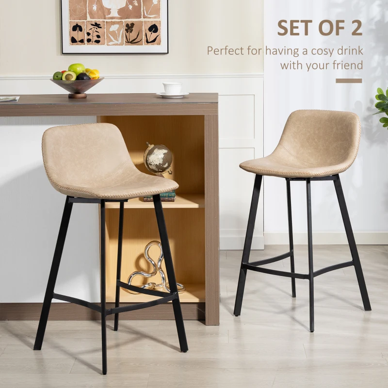 HOMCOM Bar Stools Set of 2, PU Leather Dining Stools with Backrest, Footrest, Light Brown