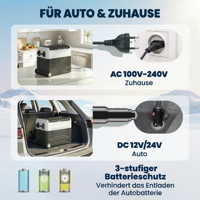 Outsunny Compressor-koelbox 50L -20℃-20℃ elektrische koelbox met dual-zone temperatuurregeling, APP, LED, batterijbeveiliging en opvouwbare handgreep
