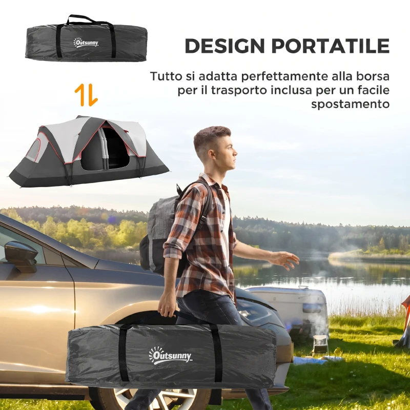 Outsunny Tenda da Campeggio 3 Posti con 2 Stanze Separate, Poliestere e Fibra di Vetro, 450x215x180 cm, Grigio