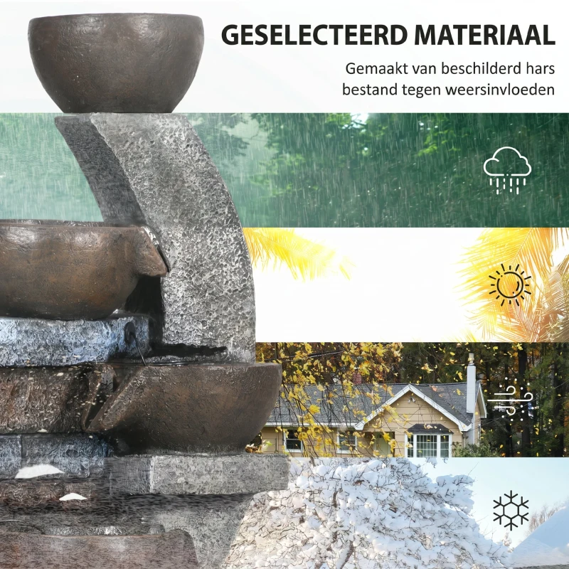 Outsunny Tuinfontein, baksteenlook, 5-traps, zonne-energie, LEDs, 107cm, kunsthars, Grijs/Bruin