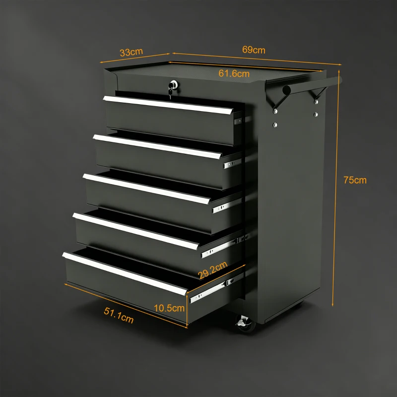 HOMCOM 5-Drawer Tool Chest with Wheels, Steel Lockable Tool Storage Cabinet with Handle, 2 Keys for Garage, Workshop, Black