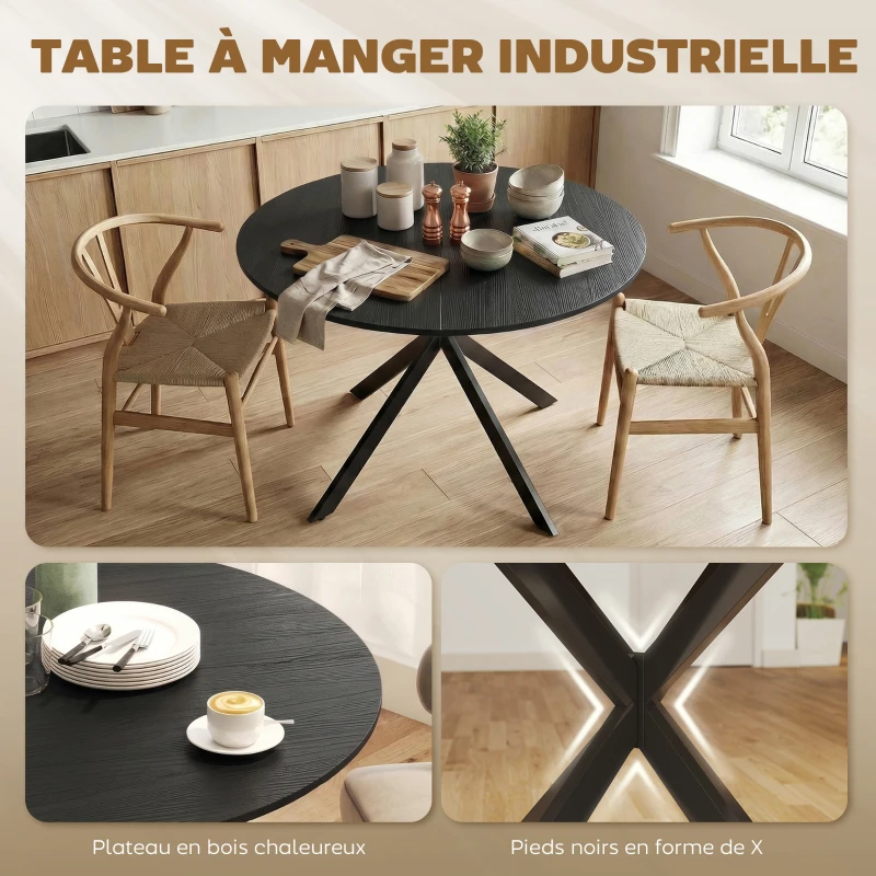 HOMCOM Table à Manger Ronde pour 4 Personnes 100 cm, Style Industriel avec Plateau Aspect Bois, Piètement Croisé en Acier, Noir