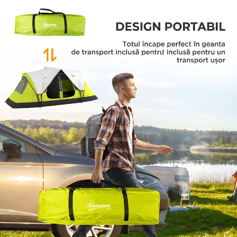 Outsunny Cort de Camping pentru 6 Persoane cu 2 Spații Separate, din Poliester și Fibra de Sticlă, 450x215x180 cm, Verde