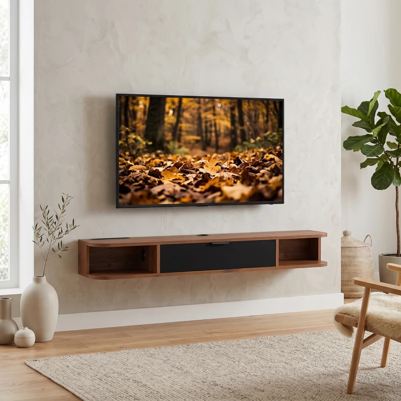 HOMCOM Meuble TV Suspendu, Meuble Télé pour Téléviseur jusqu'à 50 Pouces, Tiroir Rabattable, 2 Étagères, 120x24x16cm, Noyer