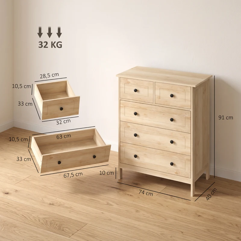 HOMCOM Cómoda mueble de almacenamiento 5 cajones para dormitorio, oficina, entrada, roble y tirador metálico negro