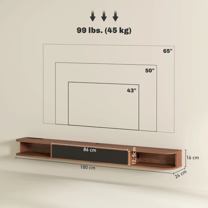 HOMCOM Móvel de TV Suspenso Móvel para TV até 190,5 cm Gaveta Basculante 2 Prateleiras 180x24x16 cm Nogueira