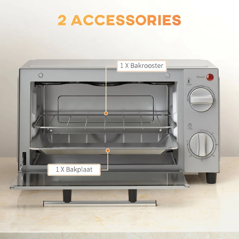 HOMCOM Mini-oven, 9 L met Bakplaat, Grillrooster, Instelbare Temperatuur en Kooktijd, Roestvrij Staal, Zilver(m-6)