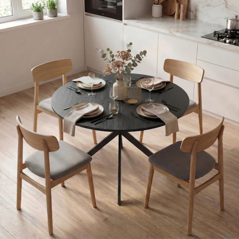 HOMCOM Table à Manger Ronde pour 4 Personnes 100 cm, Style Industriel avec Plateau Aspect Bois, Piètement Croisé en Acier, Noir