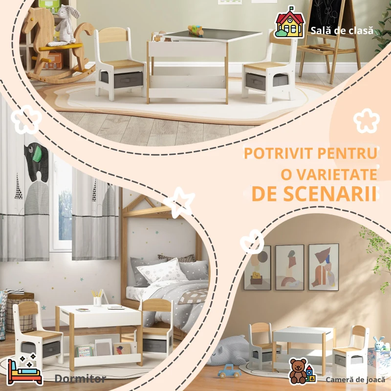 HOMCOM Set 3 piese masă și 2 scaune pentru copii cu blat reversibil, tablă neagră, coș de depozitare, rafturi