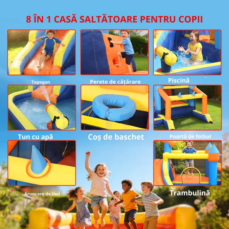 AIYAPLAY Castel Gonflabil Acvatic 8 în 1 cu Suflantă 550W Tobogan Trambulină Cățărare Piscină Poartă Coș Aruncare