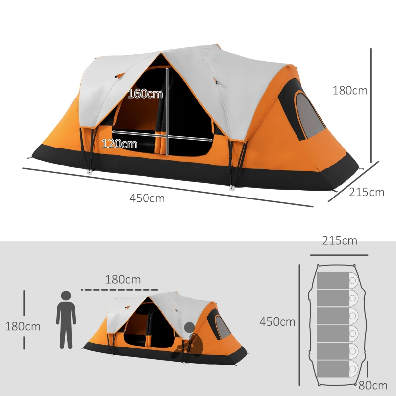 Outsunny Six-Man Tent, with Two Rooms, Small Rainfly and Accessories - Orange
