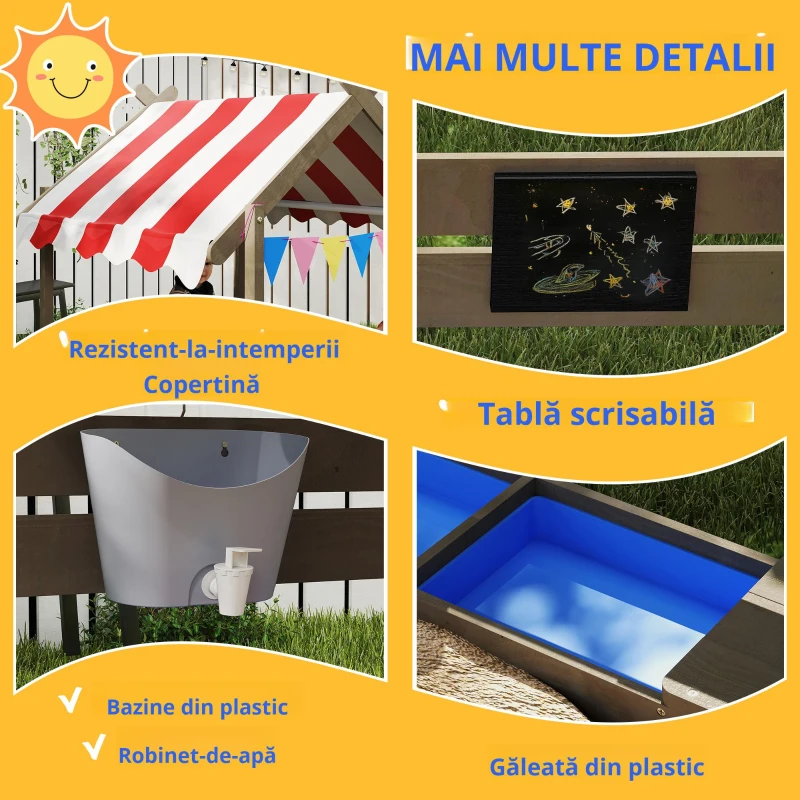 Outsunny Cutie de nisip cu protecție solară, design casă de joacă, cu set de jucării, lemn masiv tratat, 124 x 116 x 146 cm, Gri