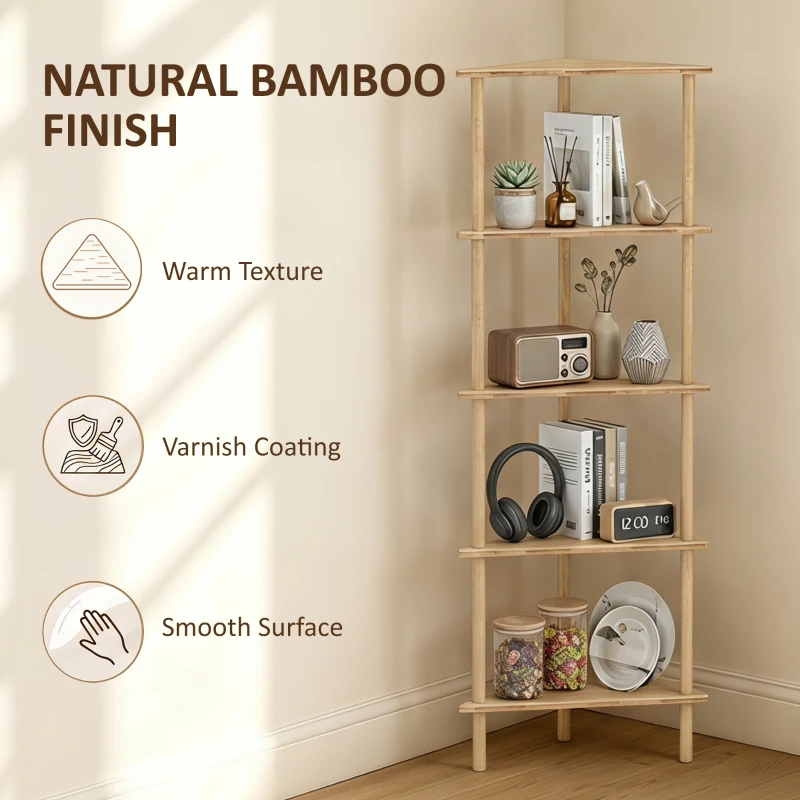 HOMCOM Bamboo Storage Shelf, 5-tier Corner Shelf, Freestanding Shelving Unit for Living Room, Home Office, Natural Wood Finish