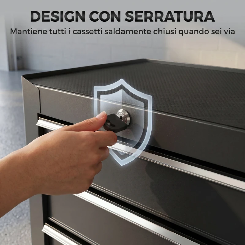 HOMCOM Carrello Porta Attrezzi 5 Cassetti con Chiave e Ruote Nero