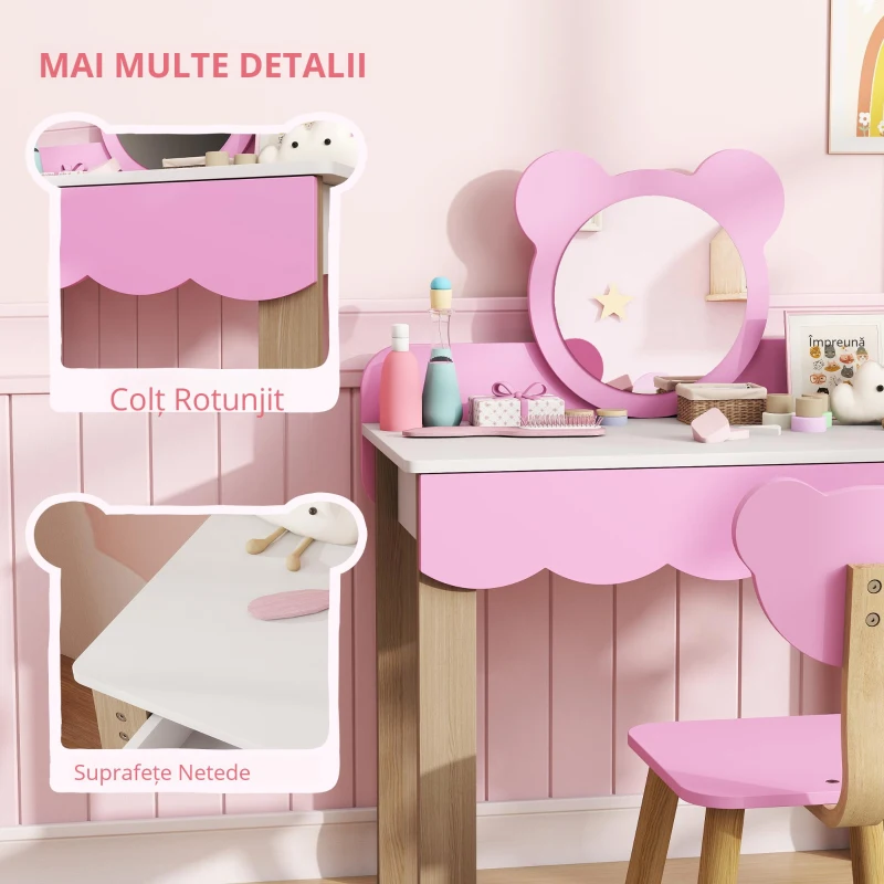 AIYAPLAY Set Masuta Cosmetica cu Scaunel pentru Copii, Oglinda de Machiaj, Forma Ursulet, Sertar, MDF, Roz
