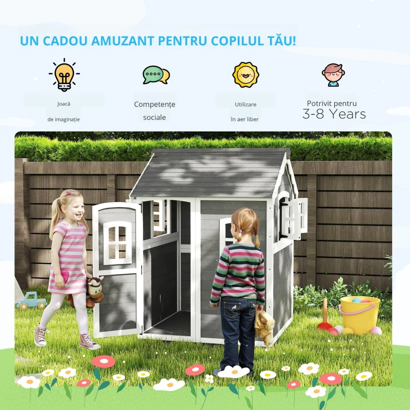 Outsunny Căsuță de joacă pentru copii, casă pentru interior și exterior cu ușă, ferestre și lădiță pentru flori, lemn de brad, gri