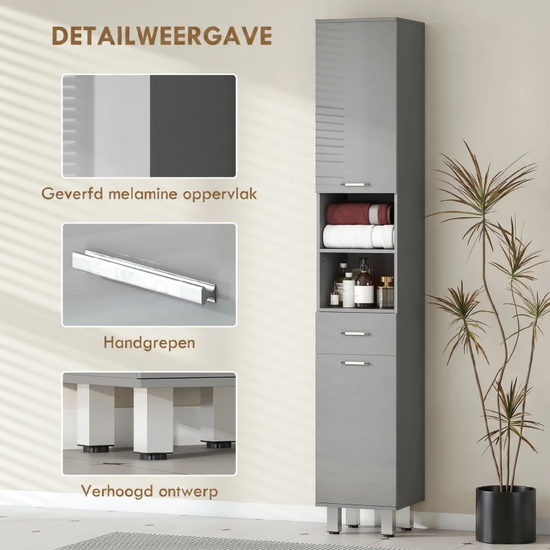 kleankin badkamerkast, ladekast voor badkamer, met planken en lade, verstelbaar, grijs