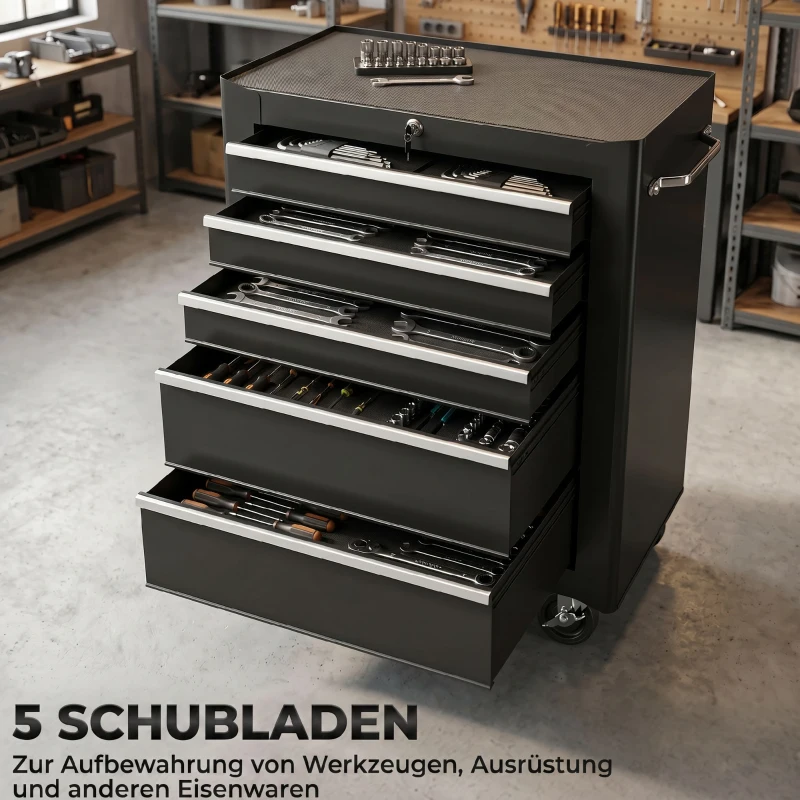 HOMCOM Werkzeugschrank, Werkzeugkiste, 5 Schubladen, rollbar, Stahl, Schwarz(m-4)