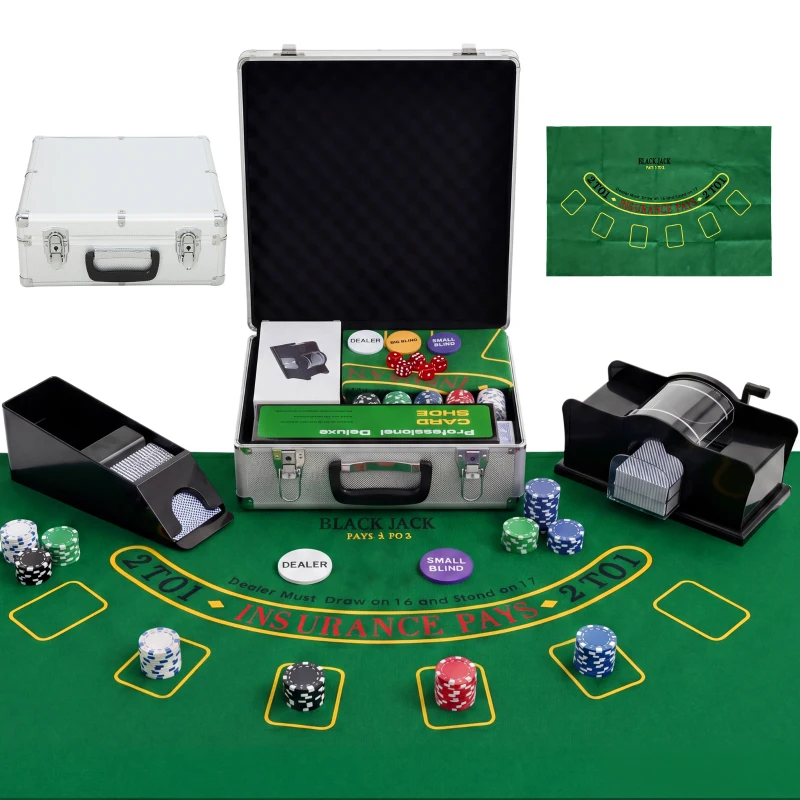 SPORTNOW Poker-Set, 500 Chips, Würfel, 2 Kartendecks, Zubehör, Koffer, für 10 Spieler
