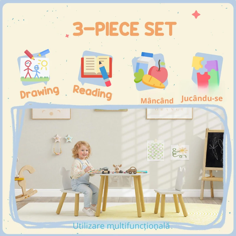 AIYAPLAY Set 1 masă rotundă, 2 scaune pentru copii, 3 piese, spătar în formă de urs, activități, activități creative, mese, 3-6 ani