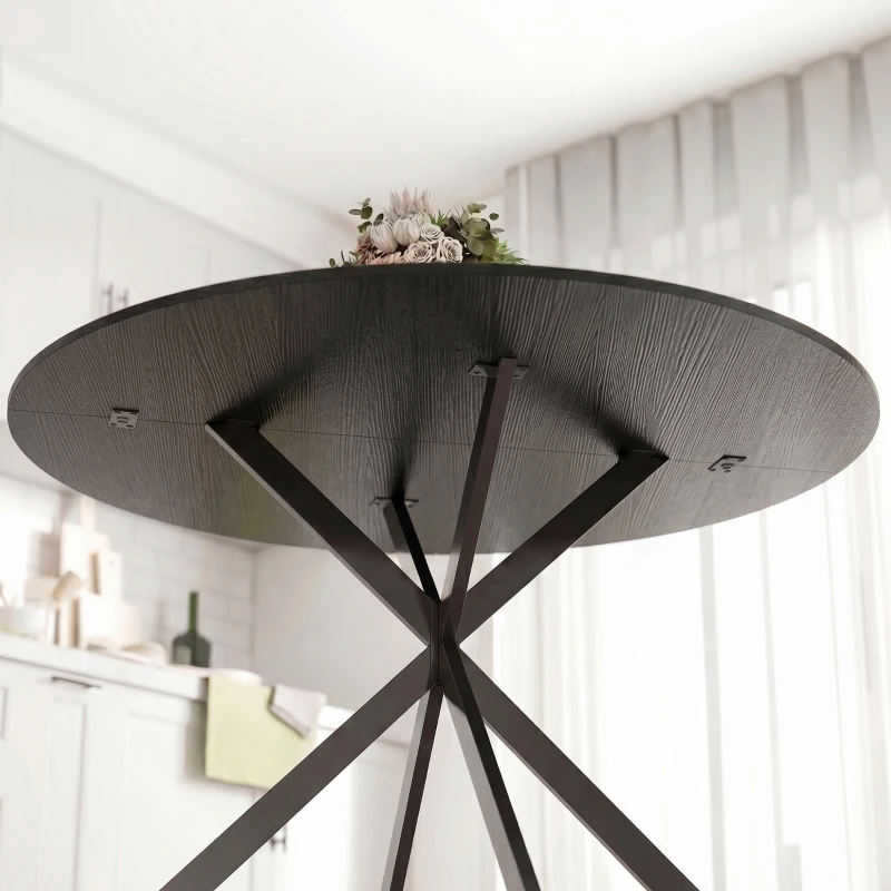 HOMCOM Table à Manger Ronde pour 4 Personnes 100 cm, Style Industriel avec Plateau Aspect Bois, Piètement Croisé en Acier, Noir