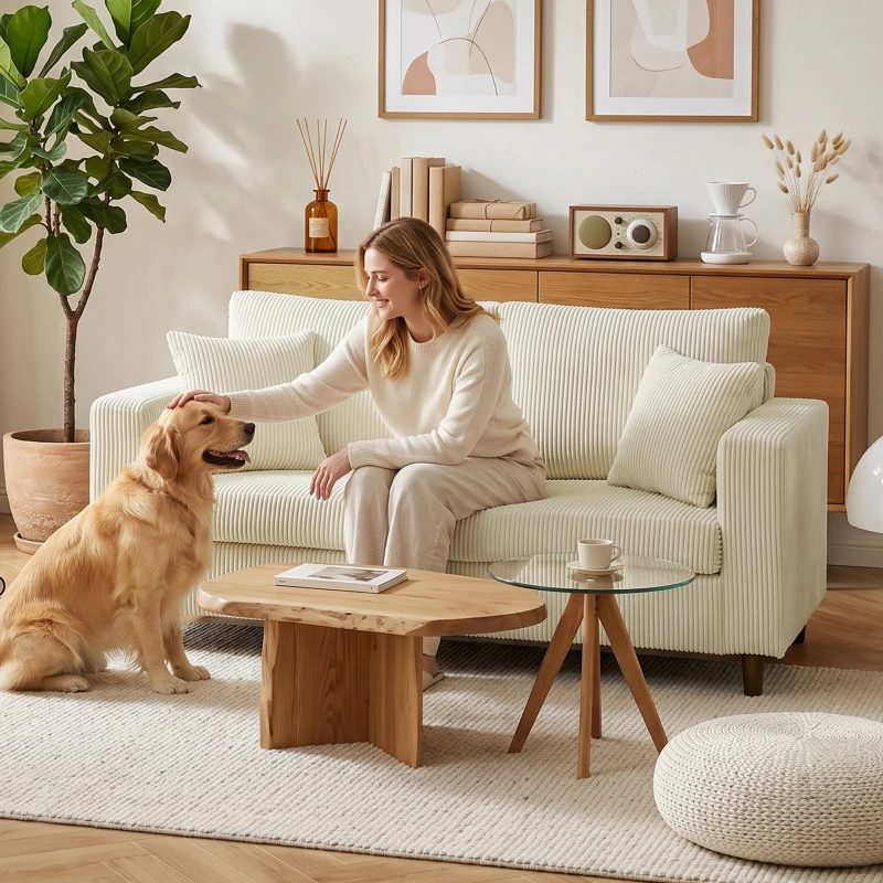 HOMCOM Canapea 2 locuri din catifea cu caneluri, Canapea de living modernă 170 cm, Șezut lat, Pernă cu arcuri, Crem