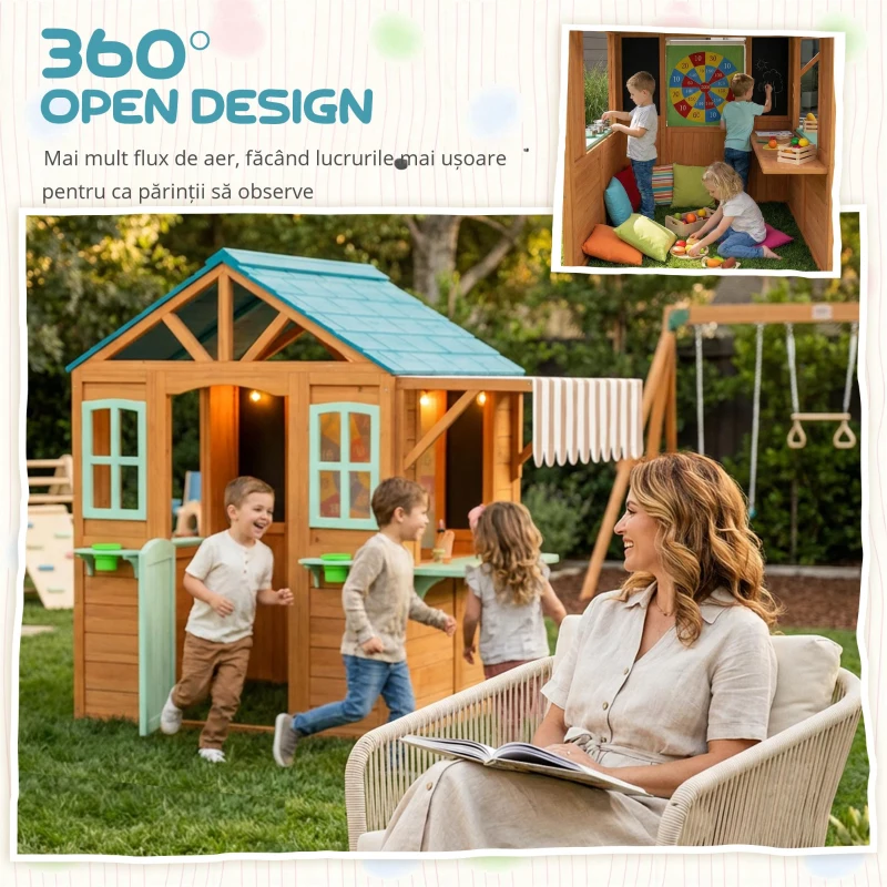 AIYAPLAY Căsuță de joacă pentru exterior cu tejghea de vânzare, ghiveci pentru plante, tablă de cretă, țintă, 4 bile 142 x 120 x 141,5 cm Multicolor