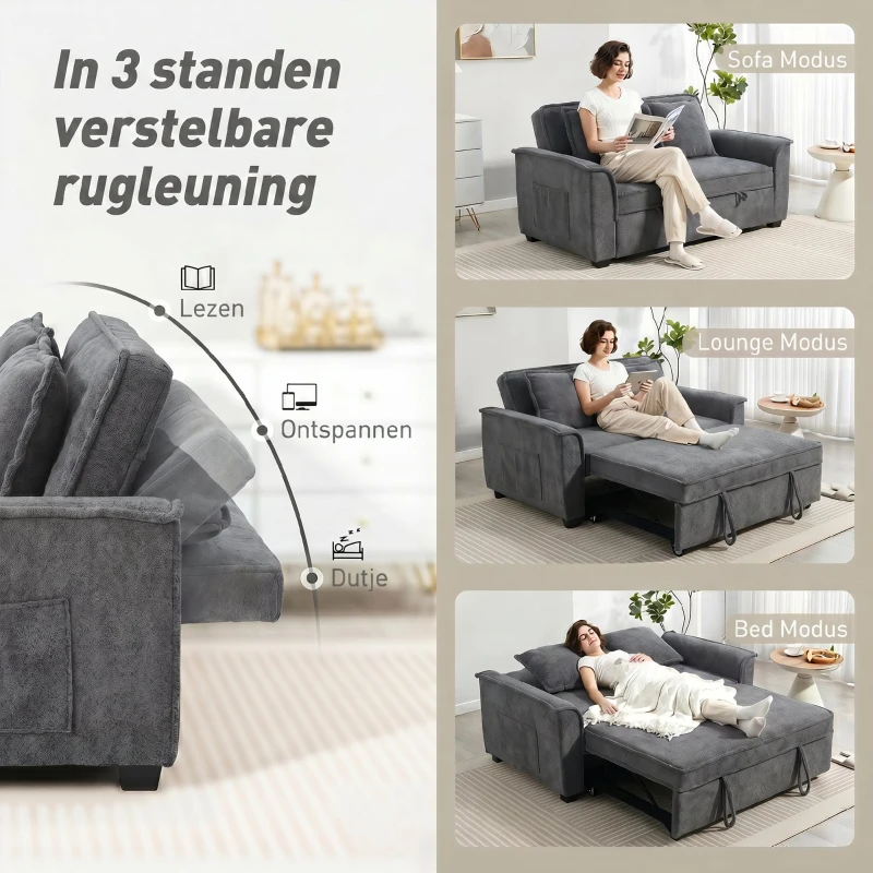 HOMCOM Futon slaapbank, verstelbare rugleuning, 2-zits met 2 kussens, donkergrijs